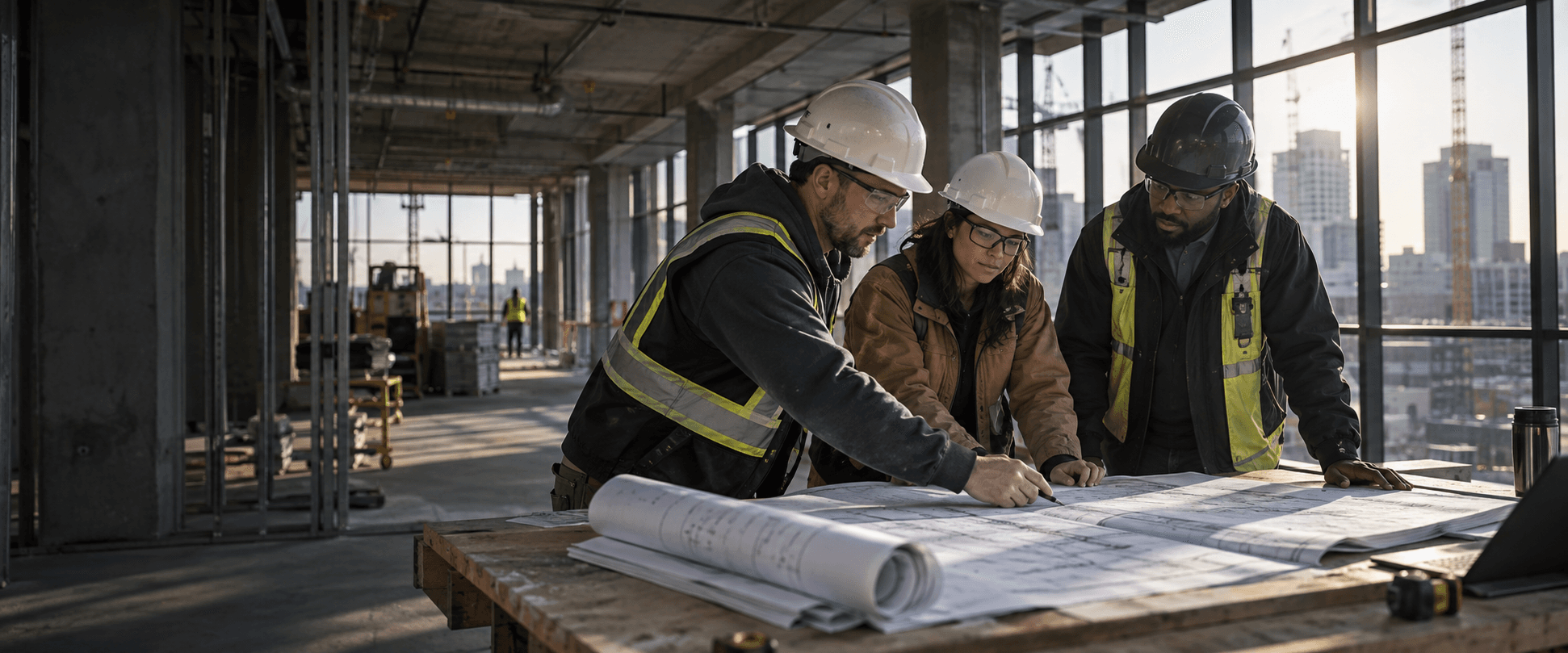 Preconstruction professionals collaborating over commercial construction drawings