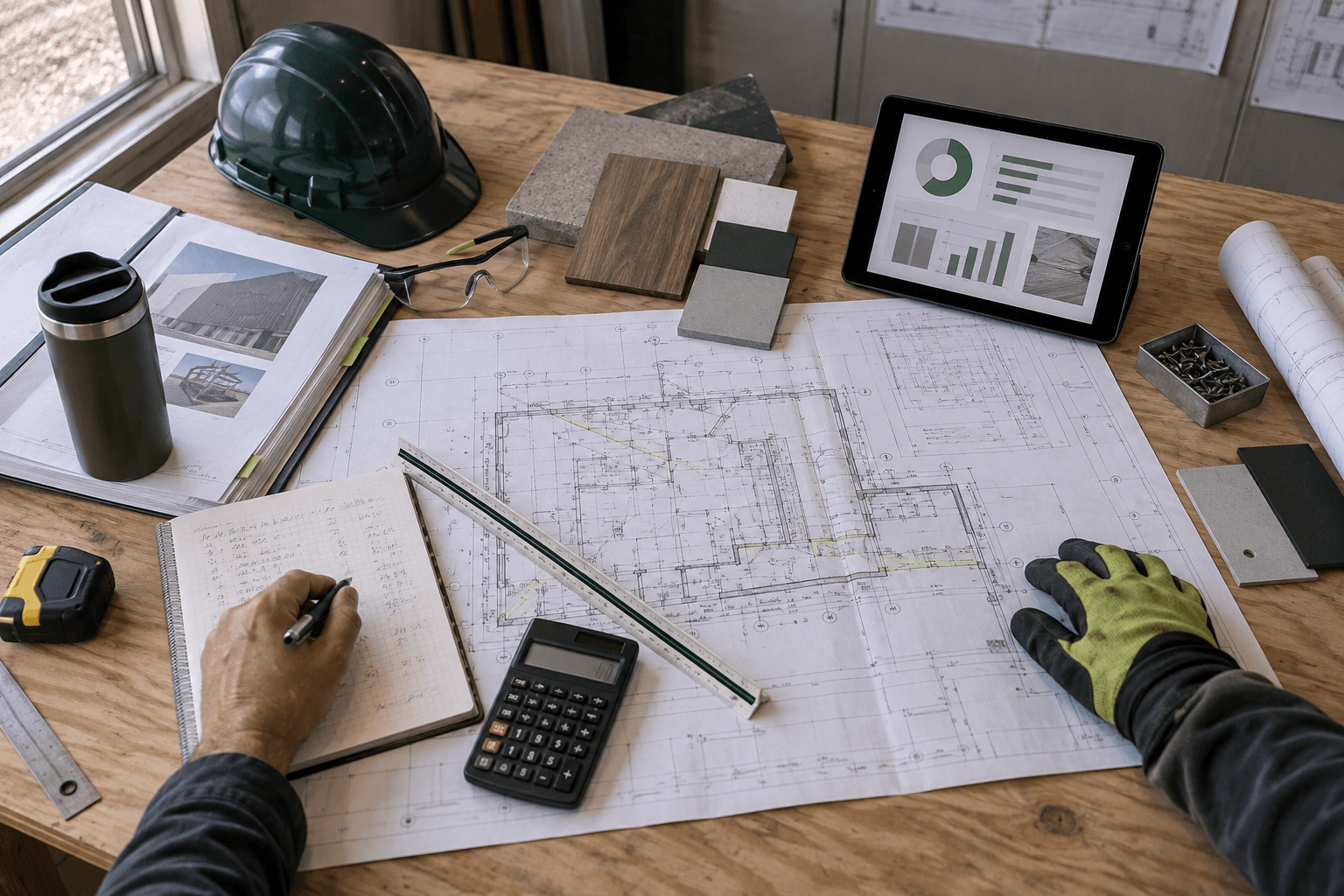 Construction drawings, cost planning tools, material samples and project documentation on a worktable